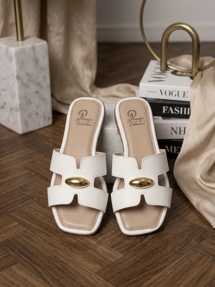 Rasteira Feminina Branca com Detalhe Dourado 25051 - Imagem 4